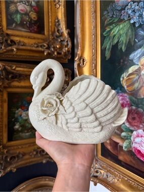 Unique Vintage Cream Ceramic Swan Planter with Rose Detail